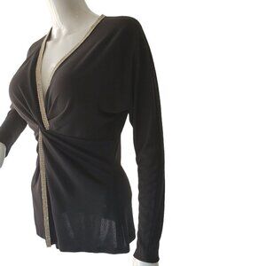 Black Rhinestone Evening Top Knit Twisted Knot Long Sleeve V Neck Womens Small